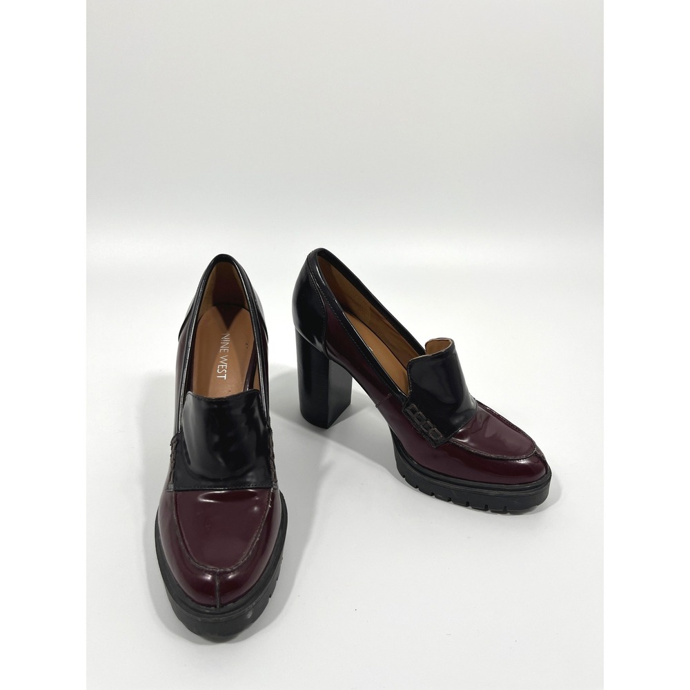 Nine West Faux Patent Leather Platform Loafer Heel Women 8 Maroon Chunky Slip On
